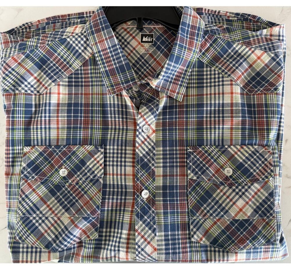 REI Men's Plaid Button up Short Sleeve Shirt 100% Cotton Size XL